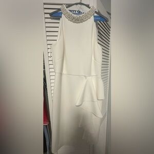 Eliza J White Asymmetrical Dress with Pearl Neckline